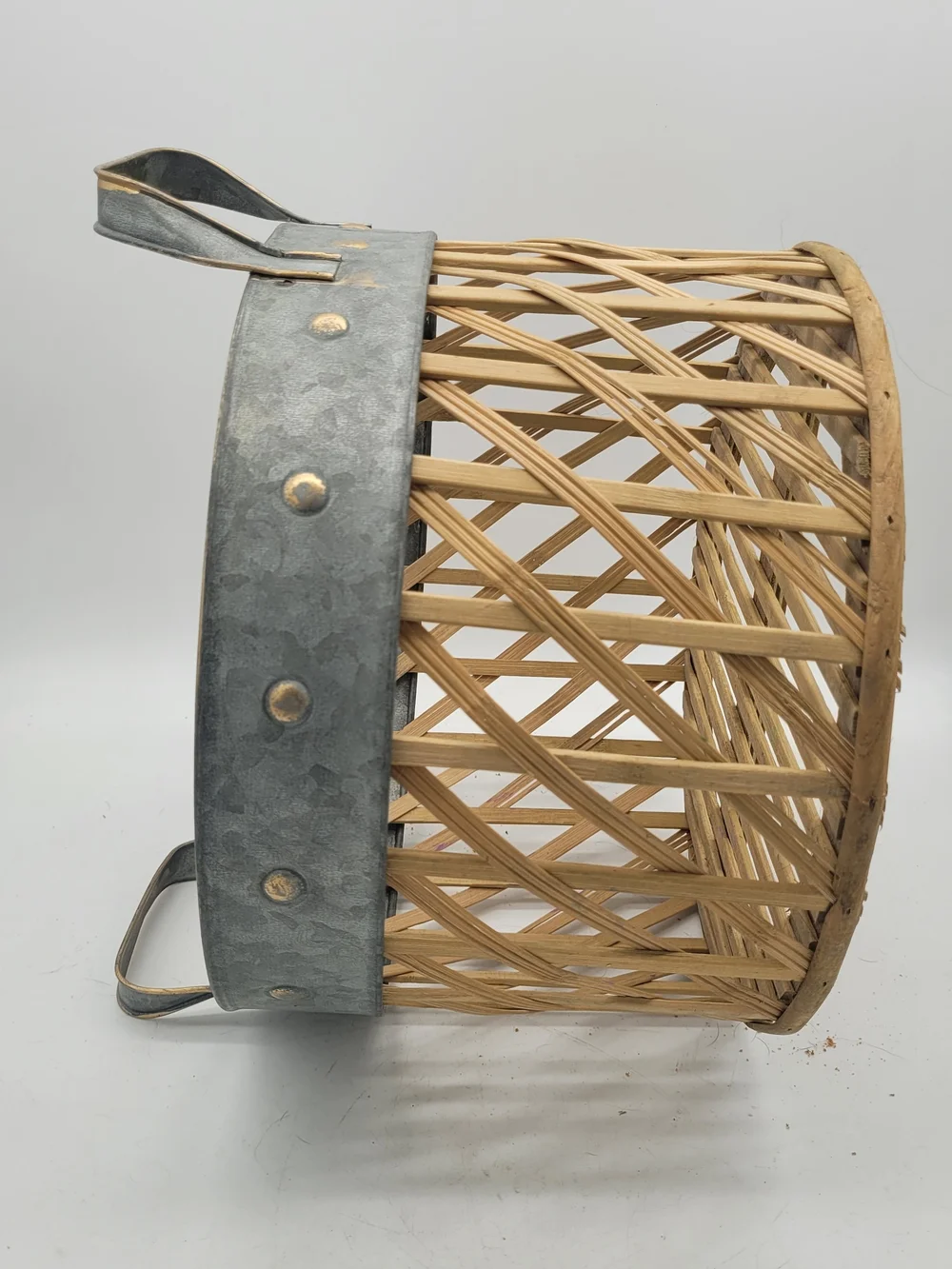 Round Woven Bamboo Basket Galvanized Metal Handles +Trim Farmhouse Style Damaged